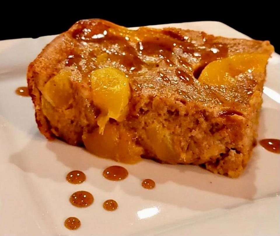 Peach bread pudding at Spice and Gravy Southern Eatery in Arlington.