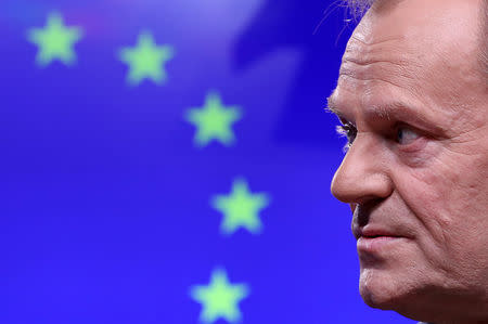 EU Council President Donald Tusk gives a statement after a meeting at the European Council headquarters in Brussels, Belgium February 6, 2019. REUTERS/Yves Herman