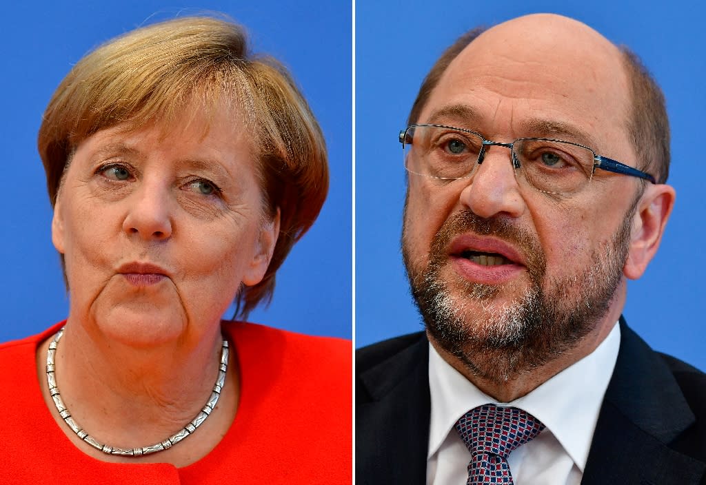 Im Duell: Merkel versus Schulz (Bild: AFP)