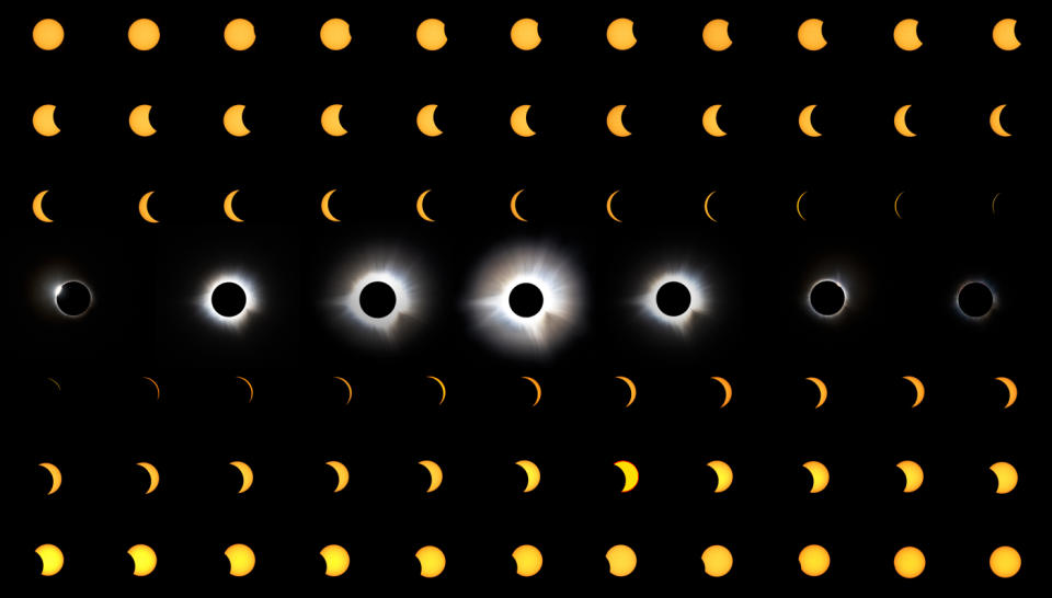 numerous images compiled together showing the various stages of the solar eclipse from when the moon appears to take its first 