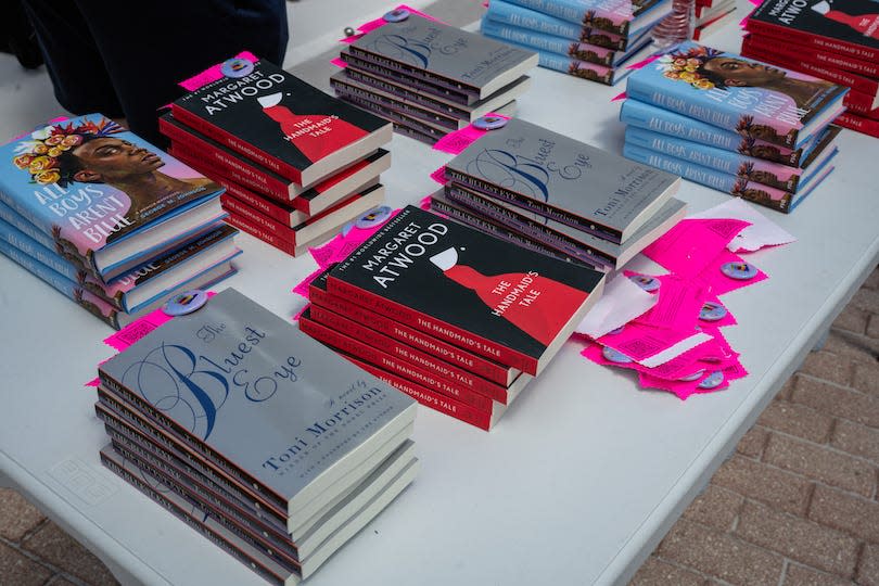 Some of the books most often challenged or banned in schools are on display at a "Rally for Our Rights" event in Orlando, Florida on Tuesday, May 24, 2022 organized by The Florida Freedom to Read Project and the Students' Rights Coalition.