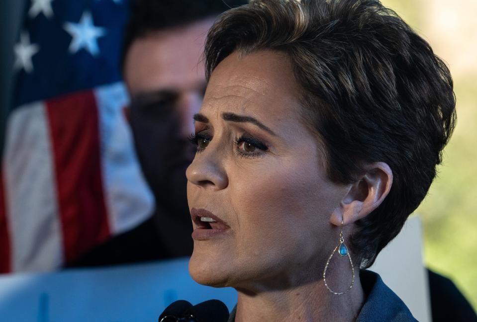 U.S. Senate candidate Kari Lake speaks during a news conference on Feb. 29, 2024, at her headquarters in Phoenix.