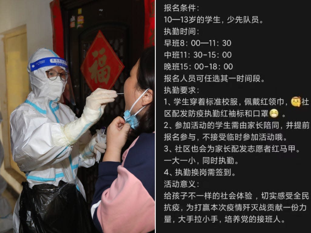 A medical worker swabs a woman's nose in Zhengzhou, China (left). On the right, a notice announcing the recruitment order for 10-13-year-olds in Zhengzhou's Baihe District.