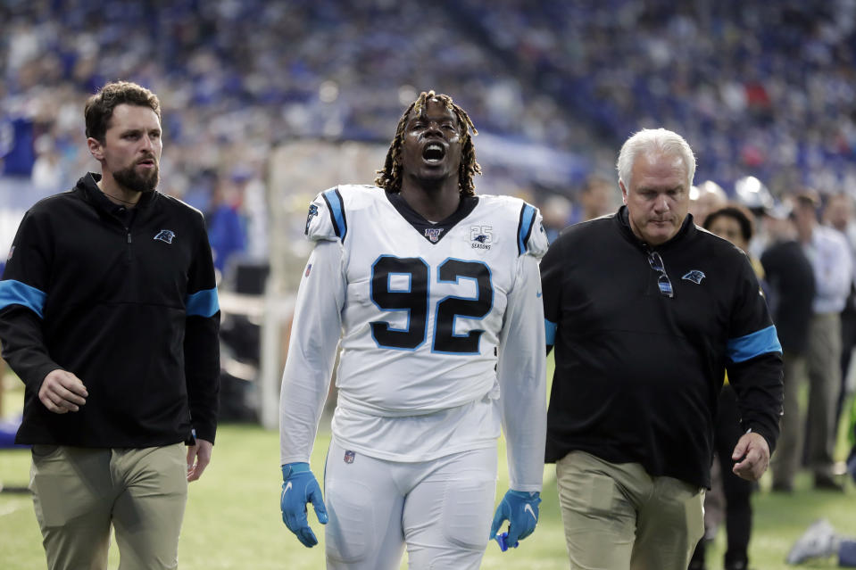 Carolina Panthers defensive tackle Vernon Butler (92) leaves the field after being ejected during the second half of an NFL football game against the Indianapolis Colts, Sunday, Dec. 22, 2019, in Indianapolis. (AP Photo/Michael Conroy)
