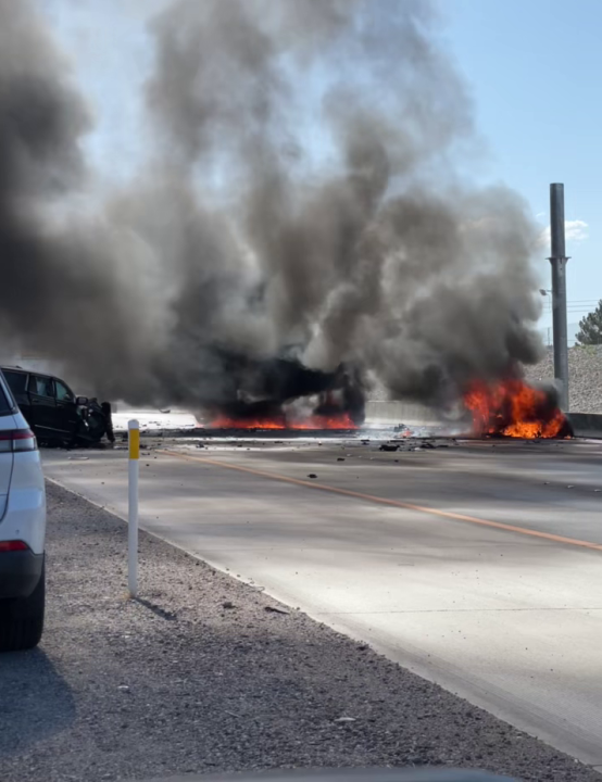 <em>Two people died after a wrong-way crash in the northwest Las Vegas area Thursday afternoon, according to police. (Victoria Hoang)</em>