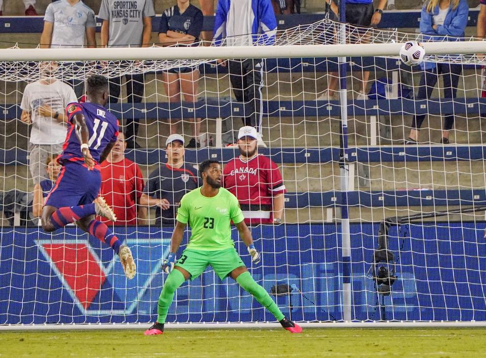 Daryl Dike (11) heads in a goal as against Martinique during the Concacaf Gold Cup at Children's Mercy Park. Dike scored two goals in the USMNT's 6-1 win.