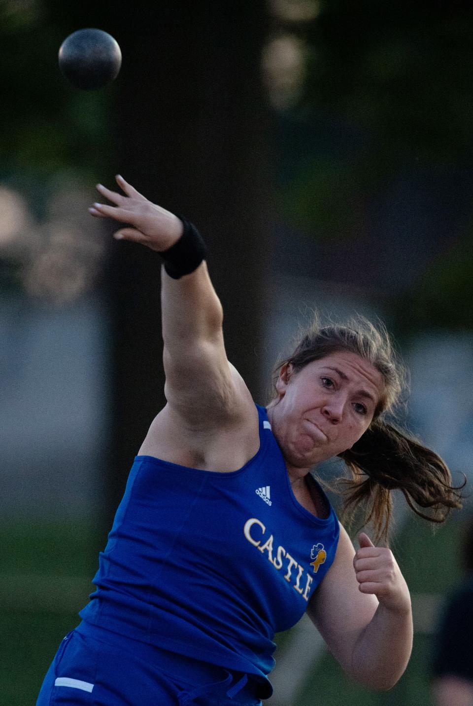 Castle's Gretchen Hurt competes in the shot put during the IHSAA Sectional 32 at Central Stadium Tuesday evening, May 16, 2023. Hurt's 38' 1/2" was enough to secure first place in the event.