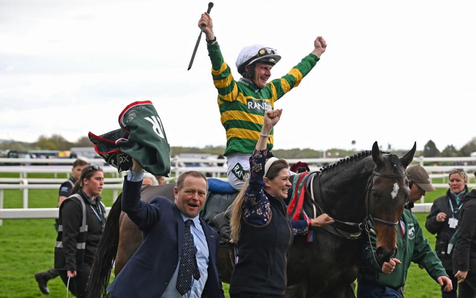 Jockey Paul Townend celebrates after riding I Am Maximus to victory in the 2024 Grand National