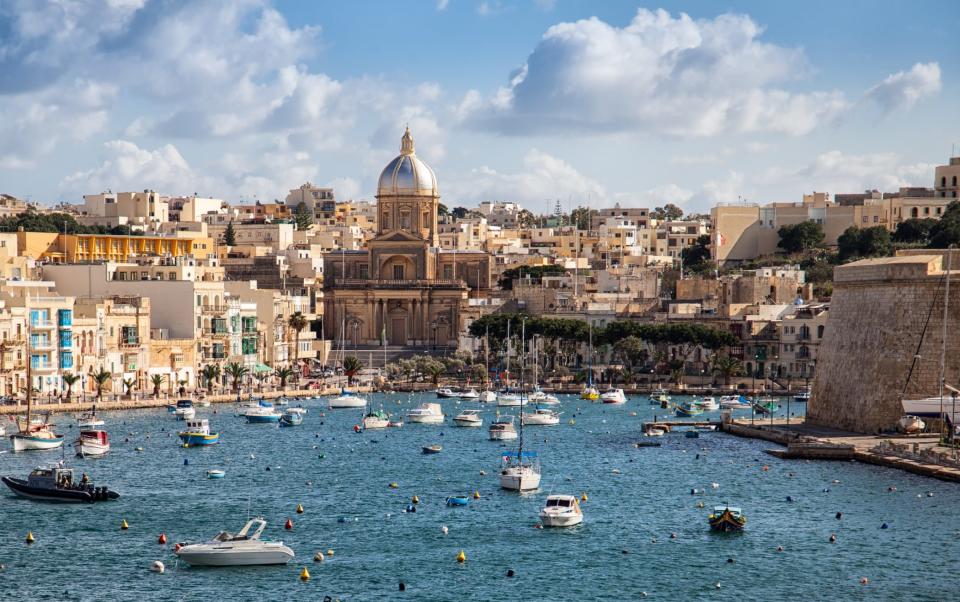 Sailing boats on Senglea marina in Grand Bay, Valetta, Malta