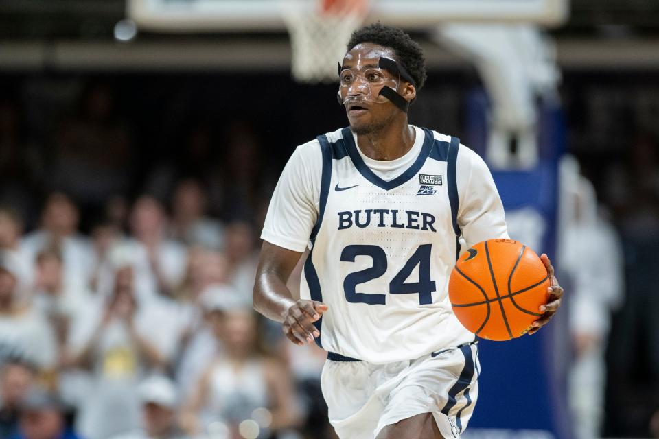 Butler Bulldogs guard Ali Ali (24) brings the ball up court during the first half of an NCAA basketball game against the Villanova Wildcats, Friday, Jan. 13, 2023, at Butler University.