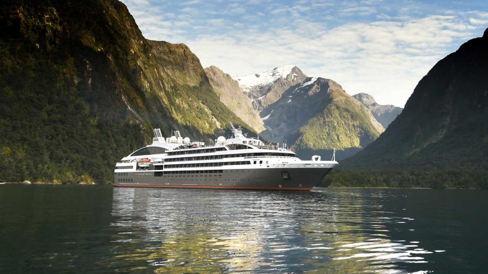 Ponant’s L’Austral expedition ship in New Zealand’s Milford Sound.