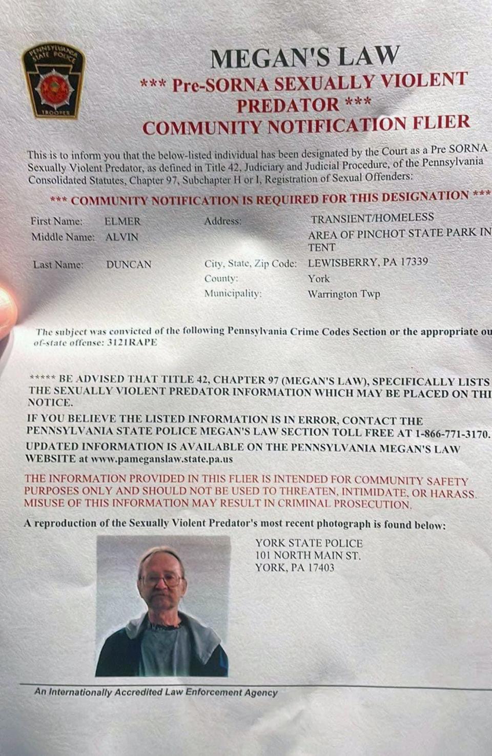 State Police circulated this flier in the area around Pinchot State Park.