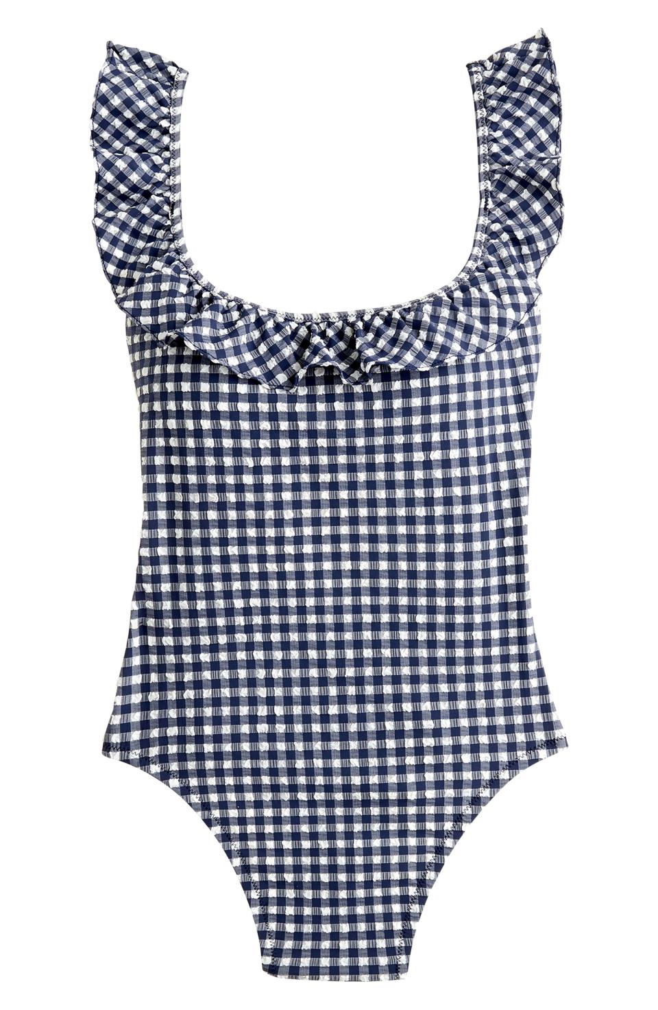 Puckered Gingham Ruffle One-Piece Swimsuit