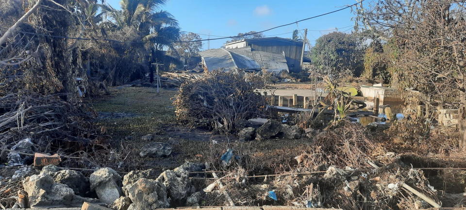 A general view shows damaged buildings following volcanic eruption and tsunami, in Nuku'alofa, Tonga, in a picture obtained from social media on January 20, 2022. / Credit: Marian Kupu/Broadcom Broadcasting FM/REUTERS