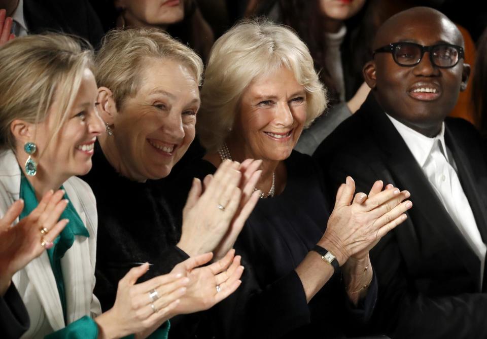 Duchess Of Cornwall and Edward Enninful applaud during the Bethany Williams show (Getty Images)