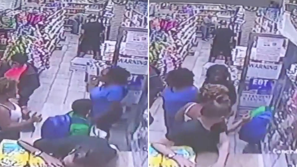 CCTV footage shows the boy's backpack appearing to graze the woman inside the Flatbush store in Brooklyn.