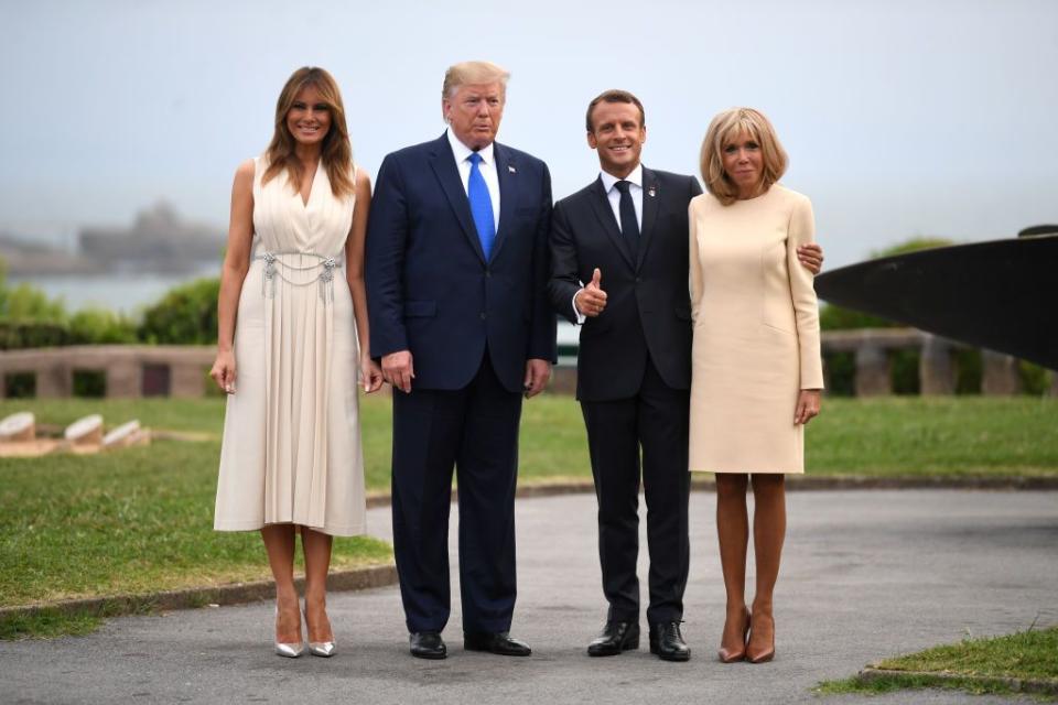 <p>Melania wore this soft silk Gucci dress as she met the Macrons for dinner during the G7 summit in late August 2019.</p>