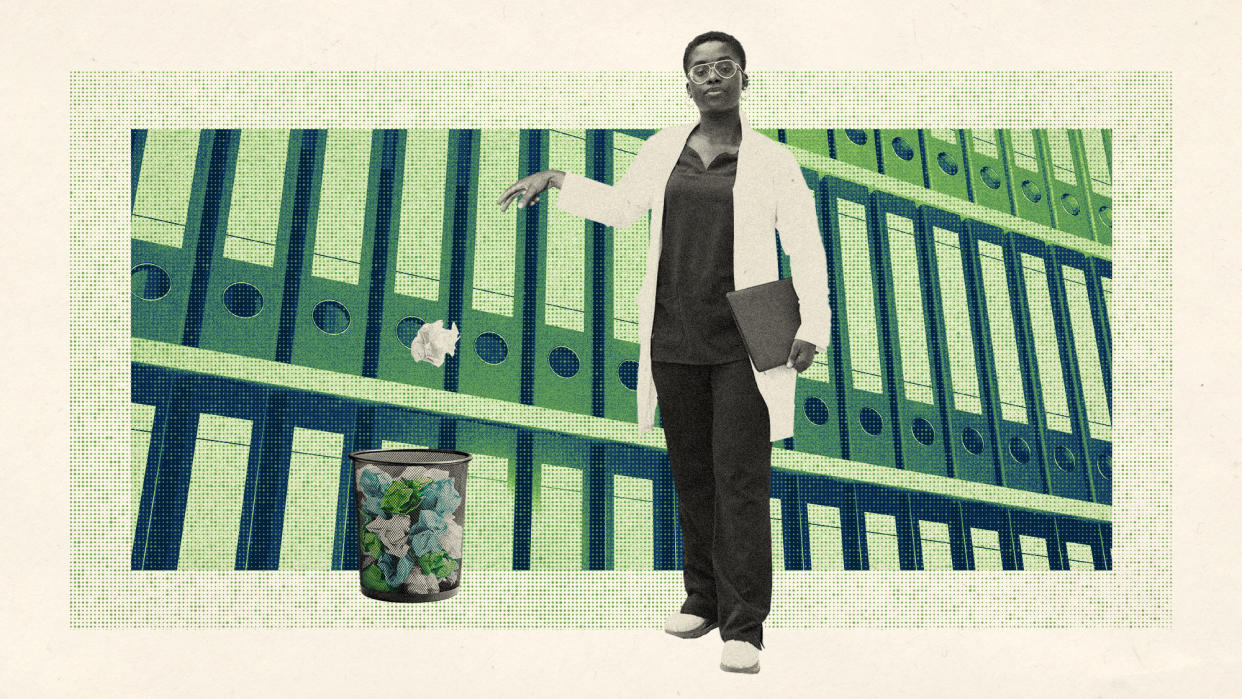  Photo collage of a woman in a lab coat, tossing a crumpled paper into a full paper waste basket. In the background, there are rows upon rows of binders. 