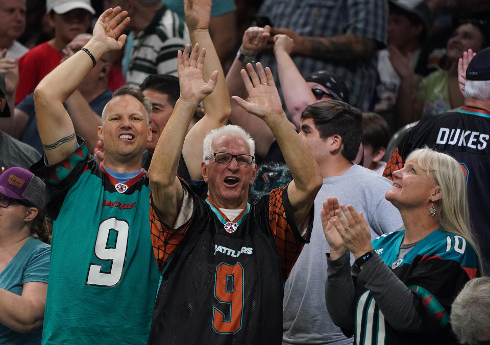 Arizona Rattlers fans cheer on their team against the Massachusetts Pirates during the 2021 IFL United Bowl Sept, 12, 2021 at the Footprint Center in Phoenix.