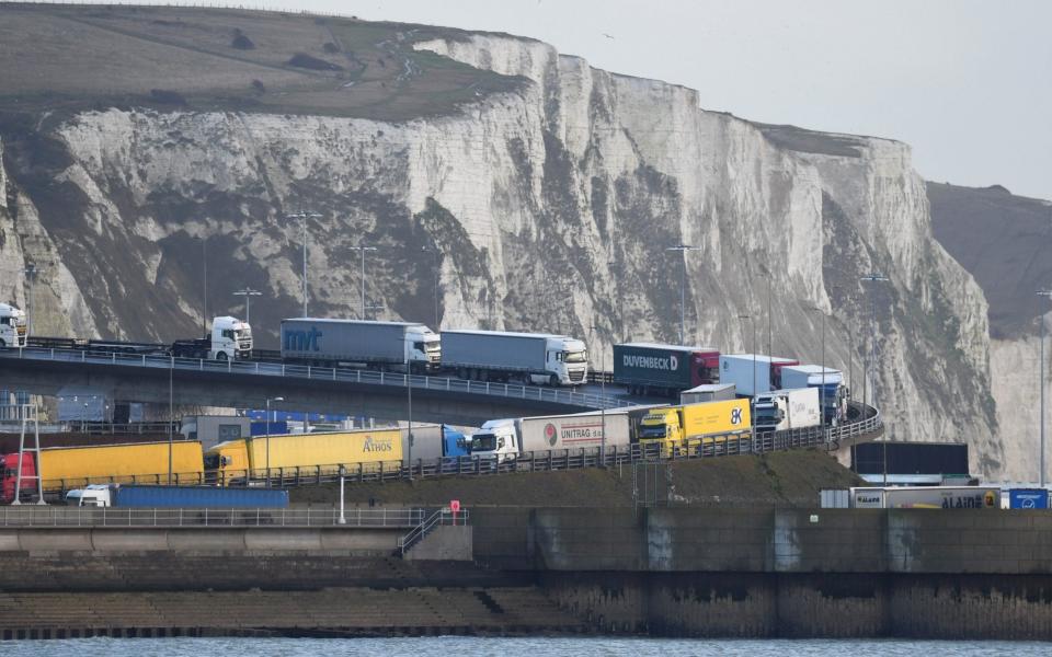 Queueing lorries approaching Dover docks - STEVE FINN