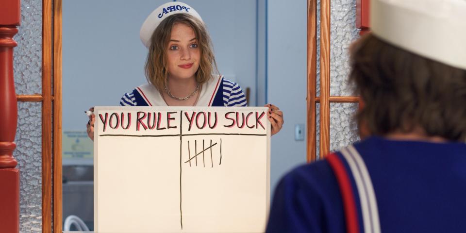 Robin in a sailor uniform and Ahoy hat holding up a "You rule/You suck" scoreboard