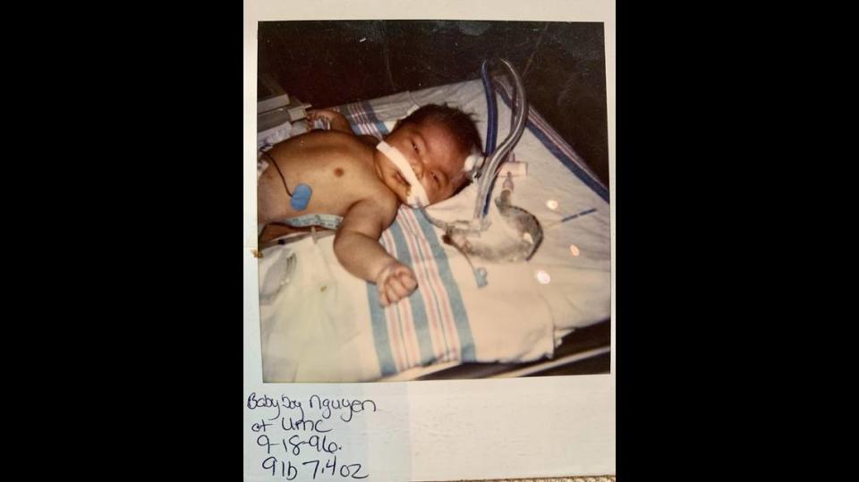 A Polaroid of Justin Nguyen in the intensive care unit at University Medical Center in Jacksonville.