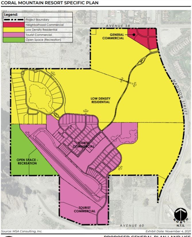Proposed general plan land use for Coral Mountain Resort, with wave basin, planned for the southwest corner of Avenue 58 and Madison Street, La Quinta.