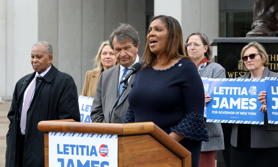 New York State Attorney General Letitia James, gets the endorsement of Westchester County Executive George Latimer, along with other elected officials, as she runs for New York State Governor. They made the announcement  in front of the Westchester County Courthouse in White Plains, Dec. 2, 2021. 