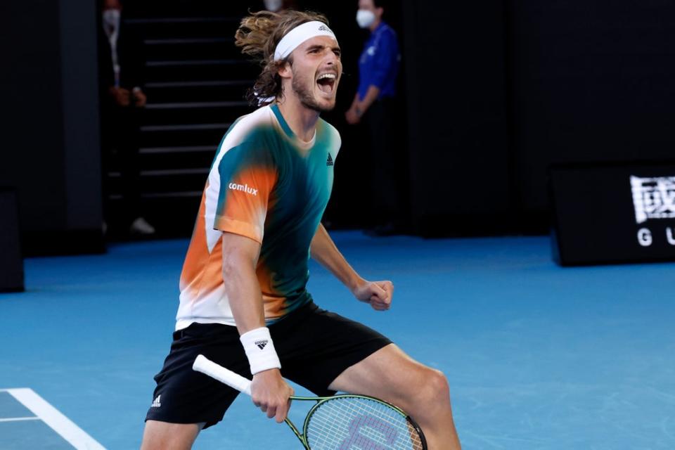 Stefanos Tsitsipas celebrates after defeating Benoit Paire (Hamish Blair/AP) (AP)