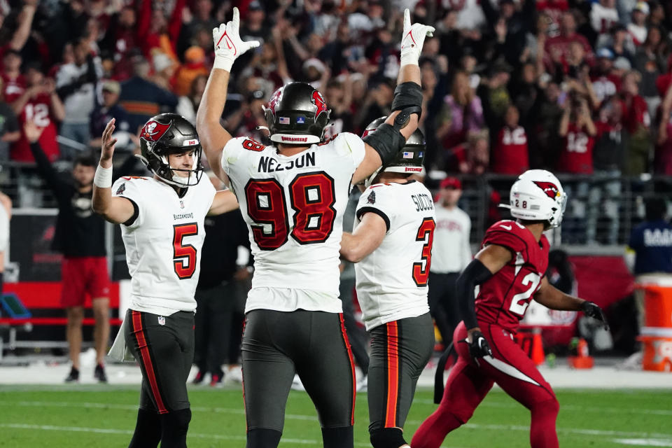 Tampa Bay Buccaneers place kicker Ryan Succop (5) celebrates his game-winning field goal during the second half of an NFL football game against the Arizona Cardinals, Sunday, Dec. 25, 2022, in Glendale, Ariz. The Buccaneers defeated the Cardinals 19-16 in overtime. (AP Photo/Darryl Webb)