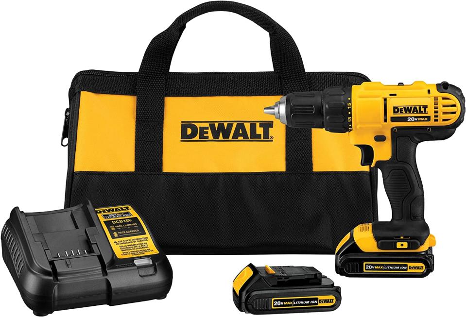 DEWALT 20V Max Cordless Drill / Driver Kit in yellow anad black with carry case, drill and battery pack