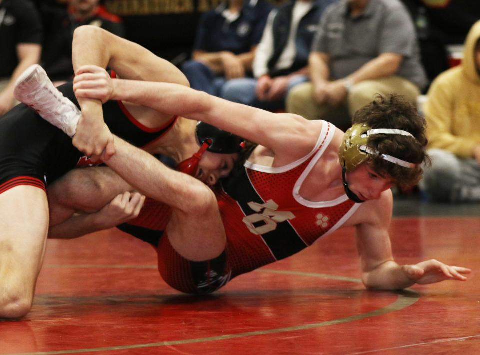 Mt Olive, NJ -- January 27, 2024 -- Tyeler Hagensen of Mt. Olive won this 113 lb. semi-final, defeating Isa Kupa of Boonton in the Morris County Wrestling Tournament held in Mt. Olive, NJ on January 27, 2024.