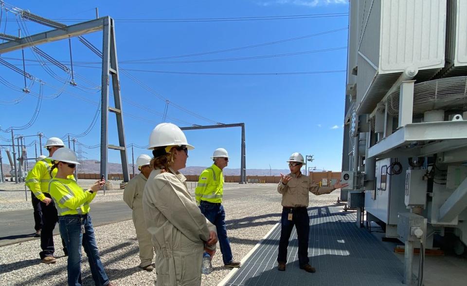 John Dai, SCE senior manager of Resiliency, describes welds that anchor a large transformer to plates that are embedded in a substation foundation slab to improve seismic resiliency. PHOTO CREDIT: Donna Boston