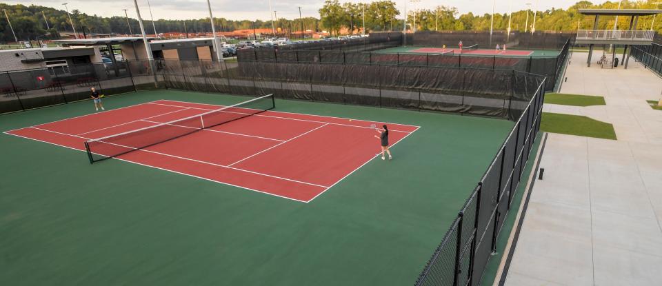 Tennis courts are seen during the grand opening and ribbon cutting for phase one of the Fields at 17 Springs, a massive sports complex, in Millbrook, Ala., on Tuesday evening August 15, 2023.