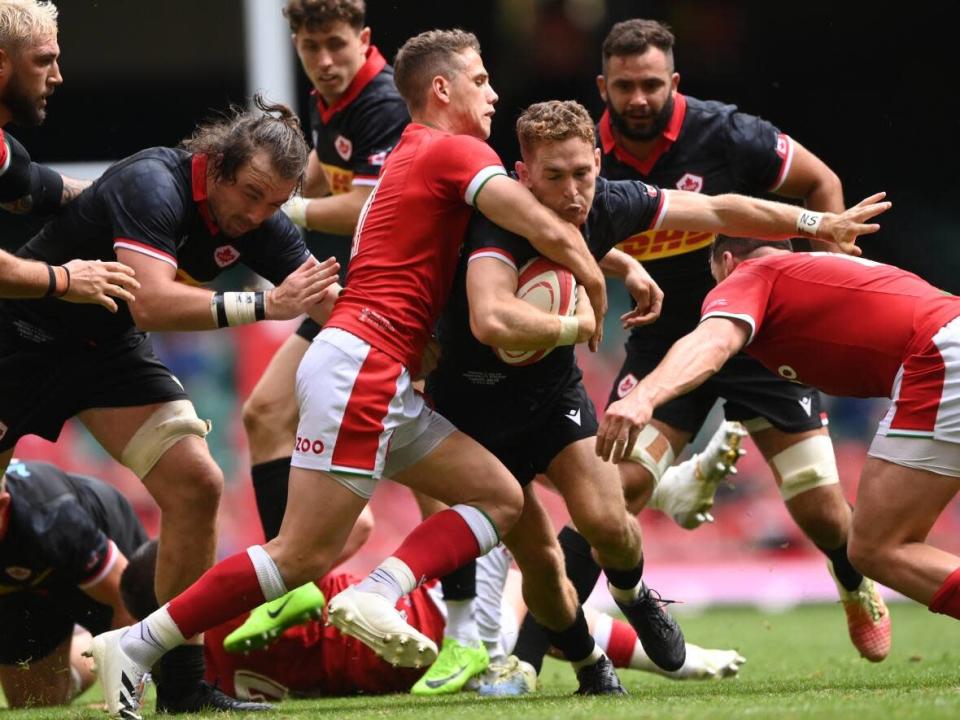 Canada&#39;s Cooper Coats, seen above in July 2021, scored a try and added a pair of conversions during his team&#39;s 19-17 win over Kenya at the rugby sevens World Series in Spain on Friday. (Stu Forster/Getty Images - image credit)