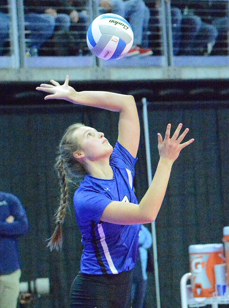 Elkton-Lake Benton's Kylie Ramlo serves the ball during a Class A semifinal match against Miller in the state high school volleyball tournament on Friday, Nov. 18, 2022 in the Denny Sanford PREMIER Center.