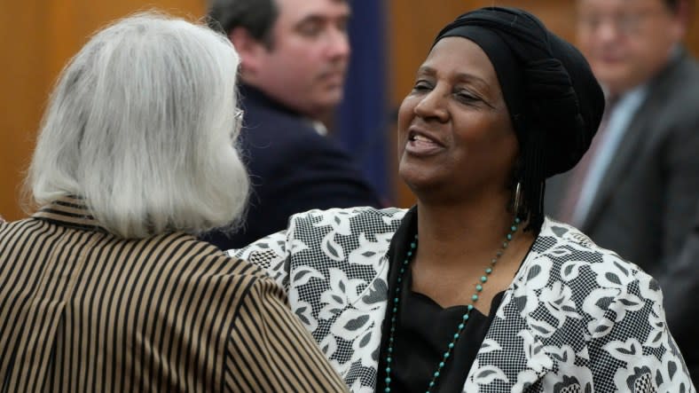 Sabreen Sharrief (right) reaches out to hug fellow plaintiff Dorothy Triplett after testifying at a hearing on May 10 in Hinds County Chancery Court in Jackson, Mississippi, where a judge heard arguments about a law that would allow some circuit judges to be appointed rather than elected. The Mississippi Supreme Court issued a ruling Thursday striking down the part of the law dealing with four appointed circuit judges for Hinds County. (Photo: Rogelio V. Solis/AP, File)