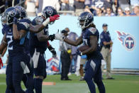 Tennessee Titans running back Dontrell Hilliard (40) celebrates after making a touchdown reception against the New York Giants during the second half of an NFL football game Sunday, Sept. 11, 2022, in Nashville. (AP Photo/Mark Humphrey)