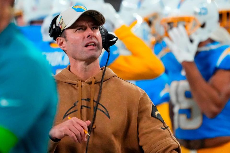 Nov 6, 2023; East Rutherford, New Jersey, USA; Los Angeles Chargers head coach Brandon Staley looks on against the New York Jets during a football game at MetLife Stadium. Mandatory Credit: Robert Deutsch-USA TODAY Sports