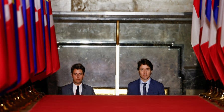 Canadian Prime Minister Justin Trudeau (right) and French Prime Minister Gabriel Attal (left), Ottawa, Canada, April 11, 2024