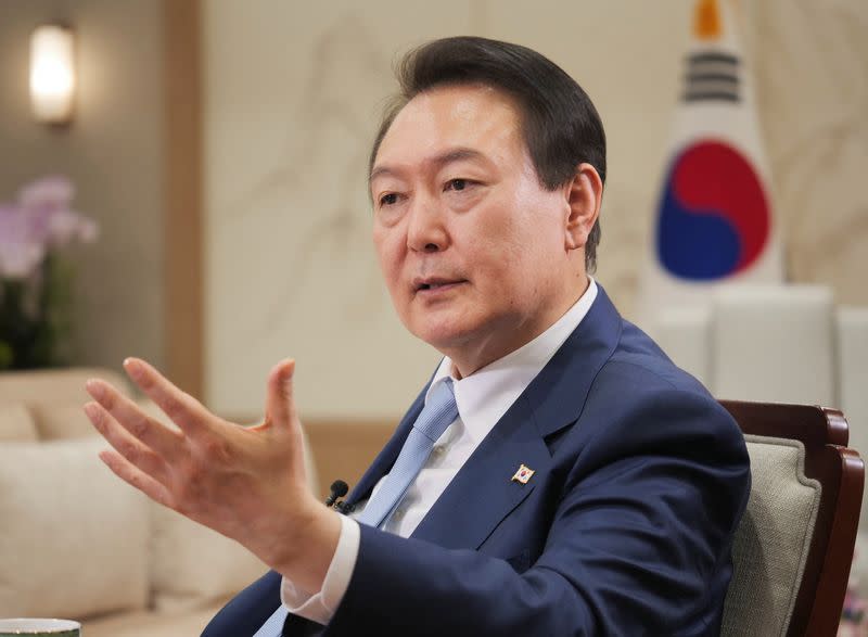 South Korean President Yoon Suk-yeol attends an interview with Reuters in Seoul