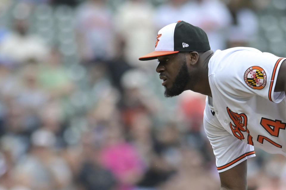 Baltimore Orioles relief pitcher Felix Bautista looks toward home plate during the ninth inning of a baseball game against the Seattle Mariners, Sunday, June 25, 2023, in Baltimore. (AP Photo/Tommy Gilligan)