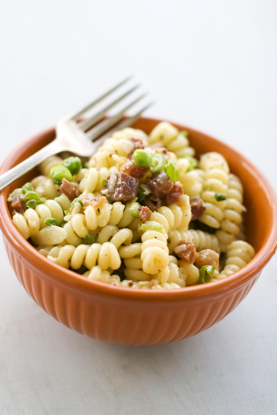 This image taken on April 29, 2013, shows carbonara pasta salad in a bowl in Concord, N.H. (AP Photo/Matthew Mead)