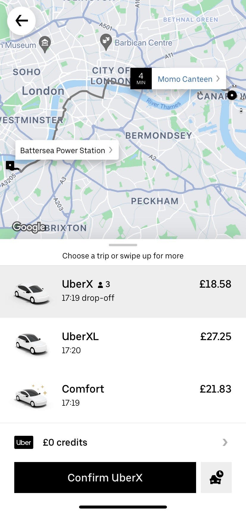 Screenshot of Uber taxi ride back to Battersea
