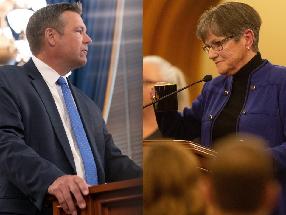 Kansas Attorney General Kris Kobach, left, is suing Gov. Laura Kelly, right, over enforcement of SB 180.