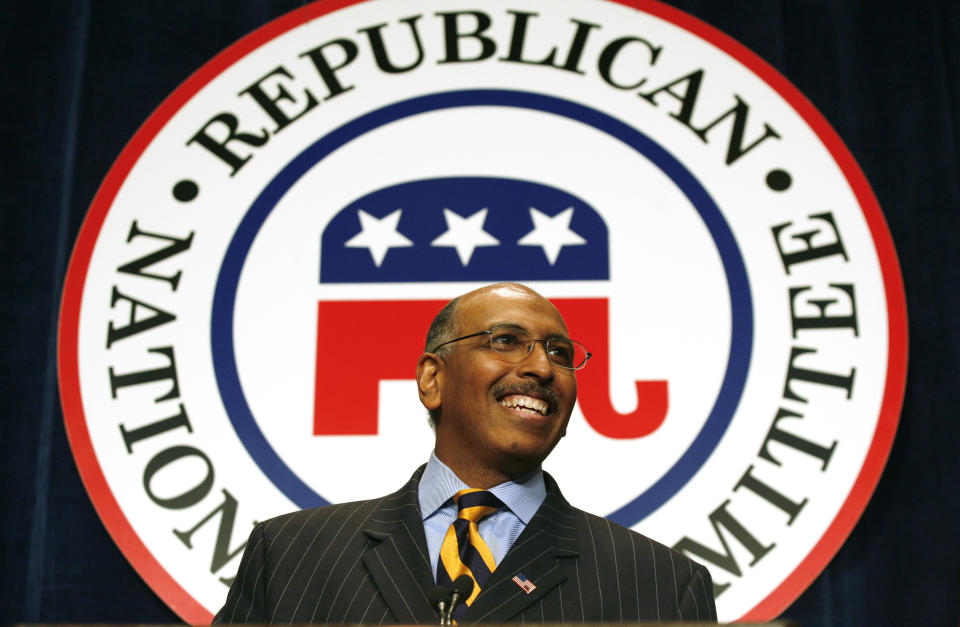 Michael Steele speaks after being elected Republican National Committee chairman in Washington January 30, 2009. The Republican Party picked its first black chairman on Friday as it elected former Maryland Lieutenant Governor Steele to rebuild the party after a string of devastating defeats.   REUTERS/Molly Riley  (UNITED STATES)