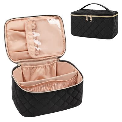 An Ocheal makeup bag with one removable divider