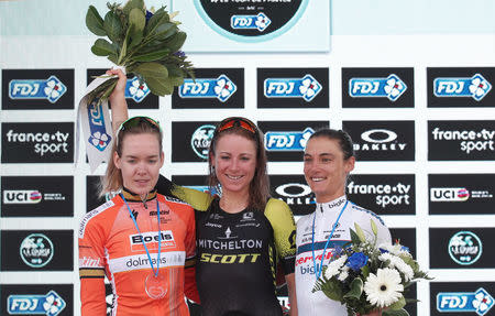 Cycling - 5th La Course by Le Tour de France - 112.5-km from Annecy to Le Grand-Bornand - July 17, 2018 - Mitchelton-Scott rider Annemiek van Vleuten of the Netherlands, Boels-Dolmans rider Anna van der Breggen of the Netherlands and Cervelo-Bigla rider Ashleigh Moolman-Pasio of South Africa celebrate on the podium. REUTERS/Benoit Tessier