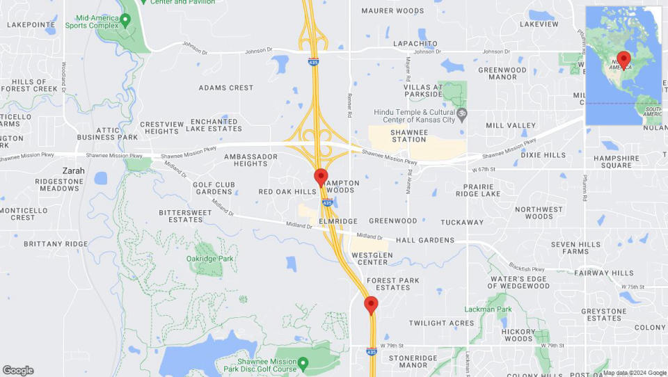 A detailed map that shows the affected road due to 'Drivers cautioned as heavy rain triggers traffic concerns on southbound I-435 in Shawnee' on July 1st at 12:06 p.m.