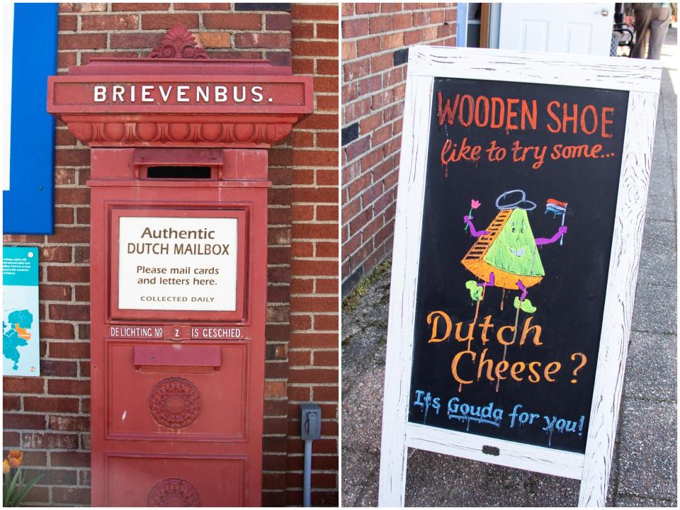 A Dutch mailbox next to a sign that reads "Wooden Shoe like to try some...Dutch Cheese? It's Gouda for you!"